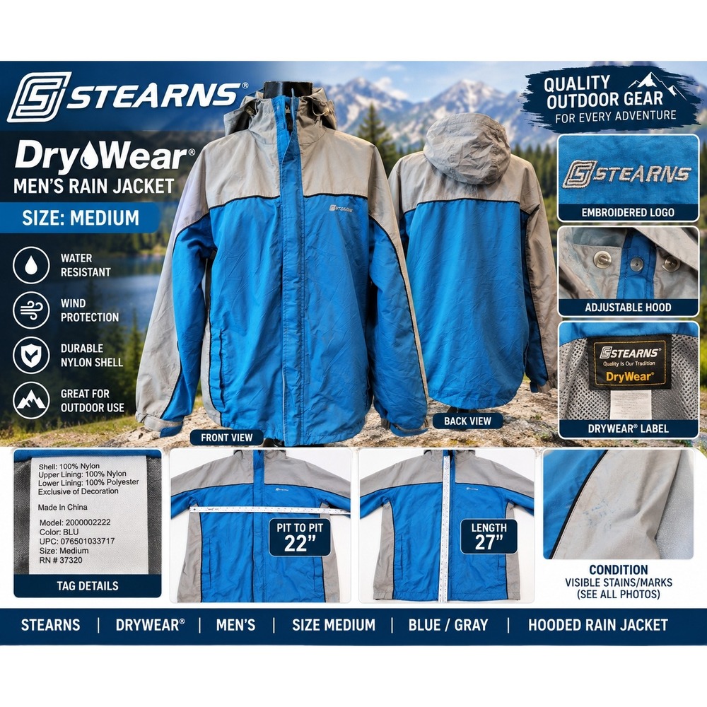 Stearns DryWear Mens Rain Jacket Medium Blue Gray Hooded Nylon 2000002222